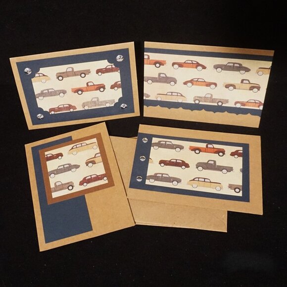 4 Kraft Classic Car Handmade Note Cards with Navy Cardstock and Silver Brads - Picture 1 of 4